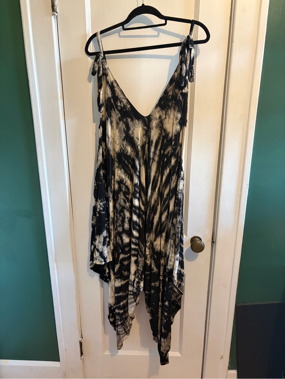 Slouchy Tie-Dye Black & Cream Women's Romper with Adjustable Shoulder Ties